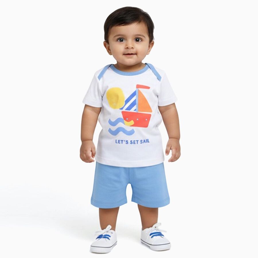 Infants' White Cotton Raglan Neck Boat Print Baba Suit, मध्यम नीला, large image number null