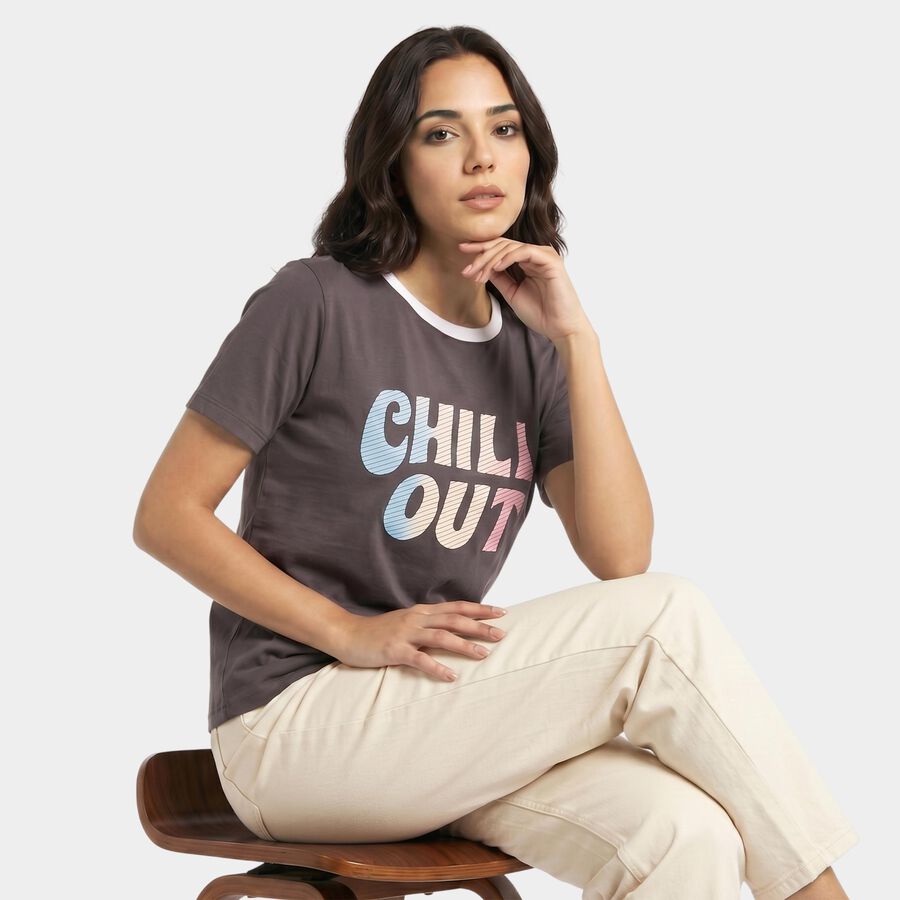 Women's Charcoal Round Neck Regular T-Shirt, Dark Grey, large