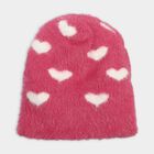 Girls' Pink Heart Pattern Fuzzy Beanie Cap, Pink, small
