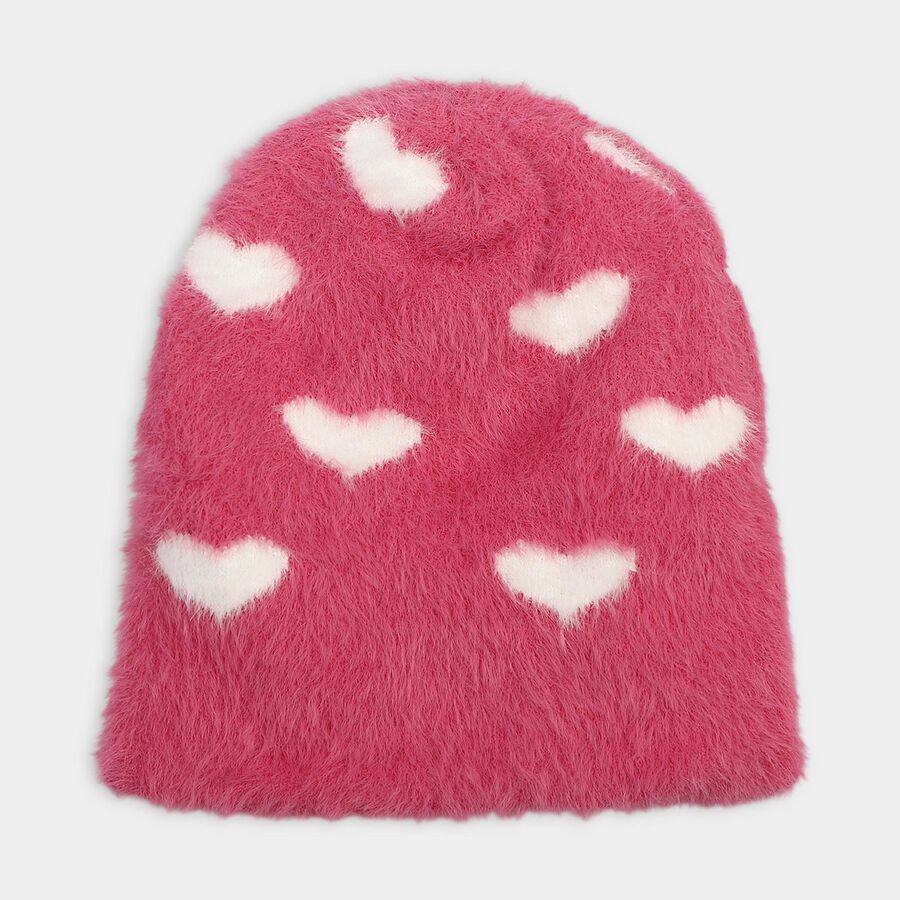 Girls' Pink Heart Pattern Fuzzy Beanie Cap, Pink, large