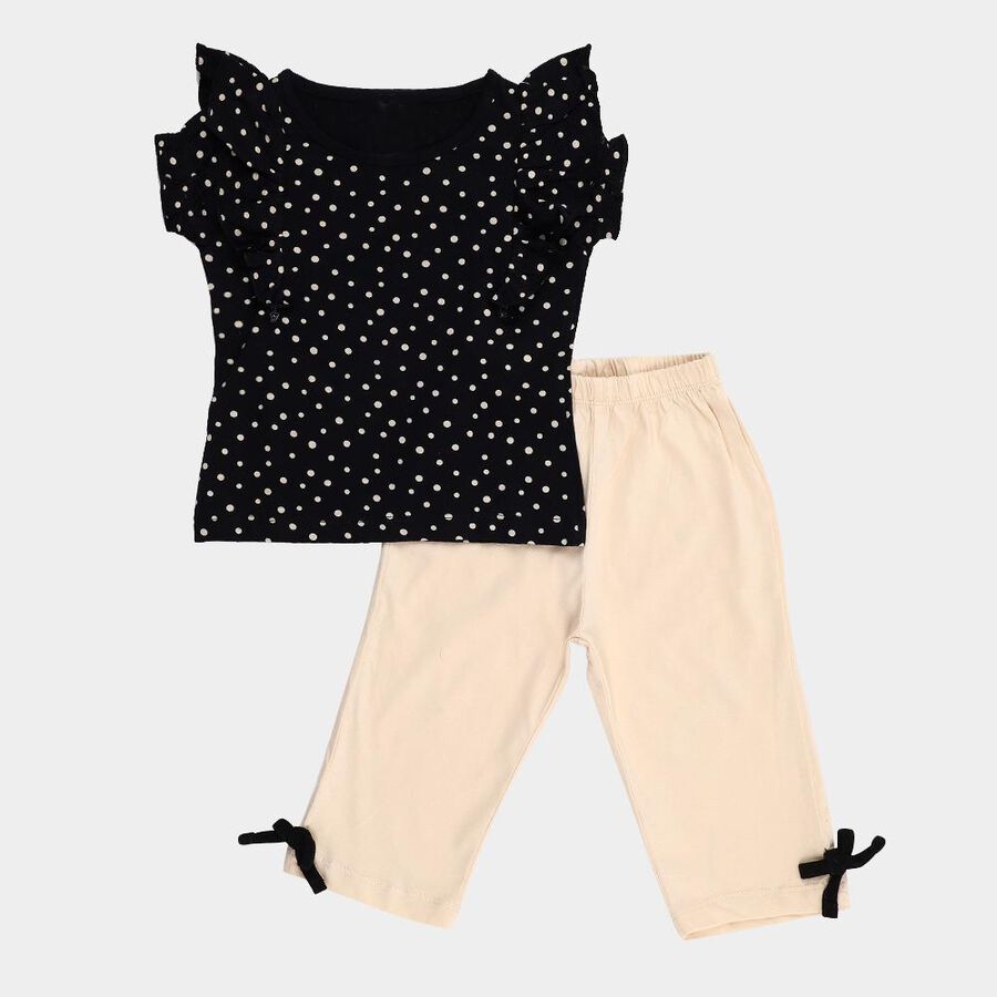 Girls Black Cotton Polka Dot Ruffle Sleeve Top and Beige Capri Set, Black, large image number null