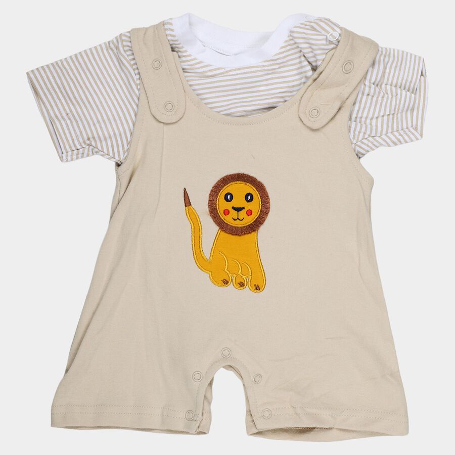 Infants' Beige Cotton Round Neck Lion Embroidered Baba Suit, Beige, large