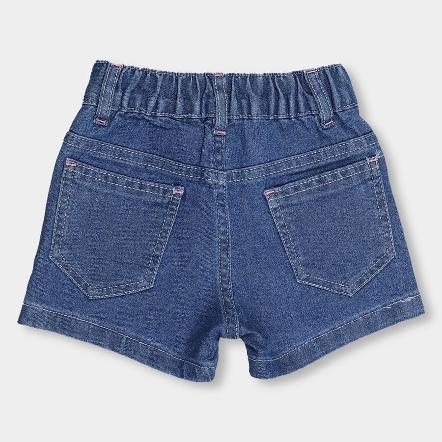 Girls' Denim Blue Buttoned Embroidered Shorts, मध्यम नीला, large image number null