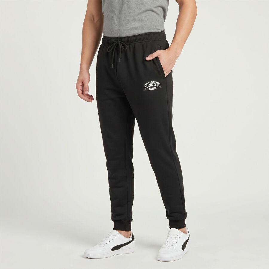 Men's Black Jogger Fit Logo Print Pyjama, काला, large