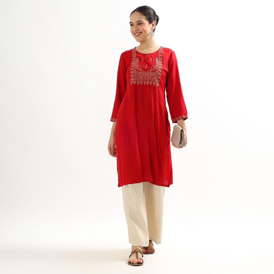 Women's Maroon Keyhole Neck Embroidered Kurta, मरून, large image number null