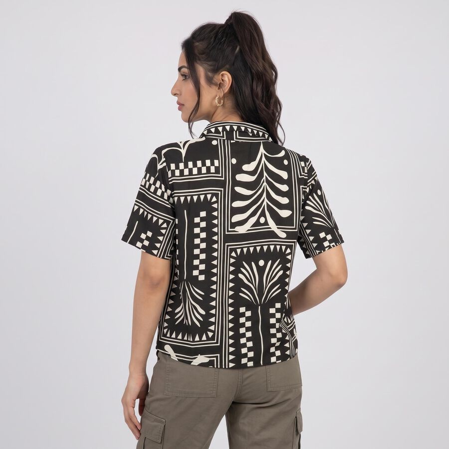 Women's Black Printed Spread Collar Shirt, काला, large
