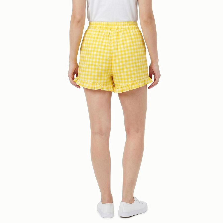 Women's Yellow Regular Fit Gingham Ruffle Hem Shorts, पीला, large