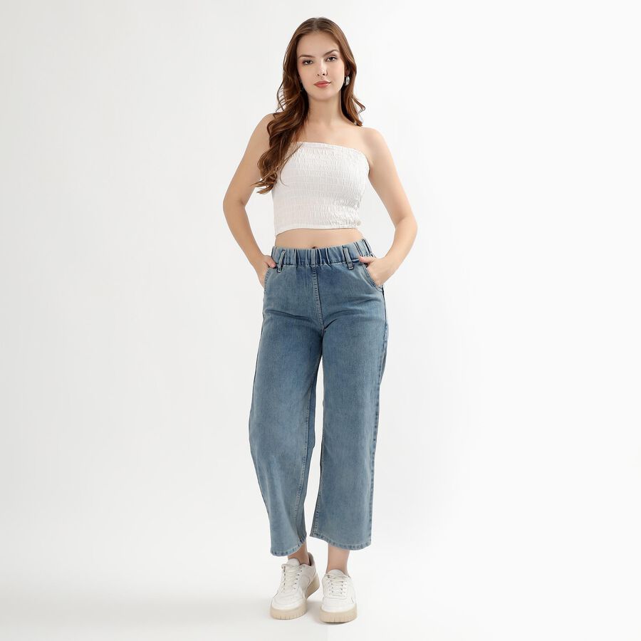 Women's Light Blue Wide Leg High Waist Jeans, Dark Blue, large