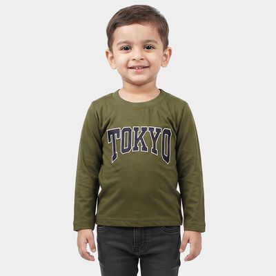 Boys Olive Green Cotton Blend Round Neck Regular T-Shirt