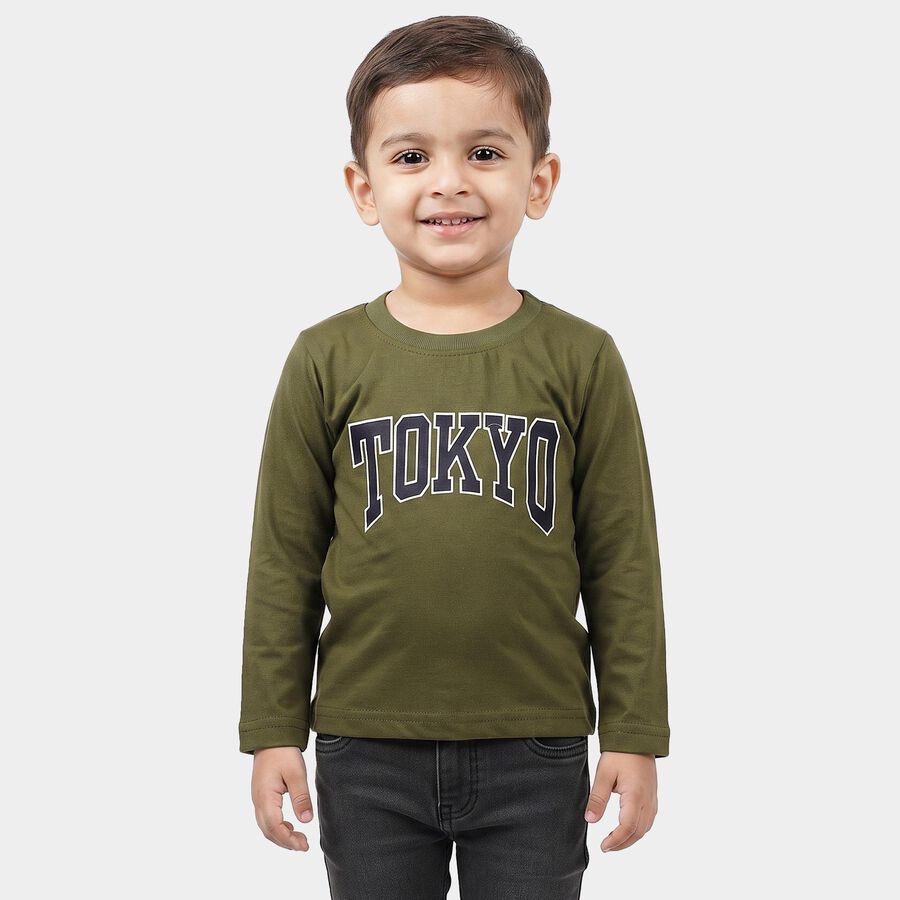 Boys Olive Green Cotton Blend Round Neck Regular T-Shirt, Olive, large