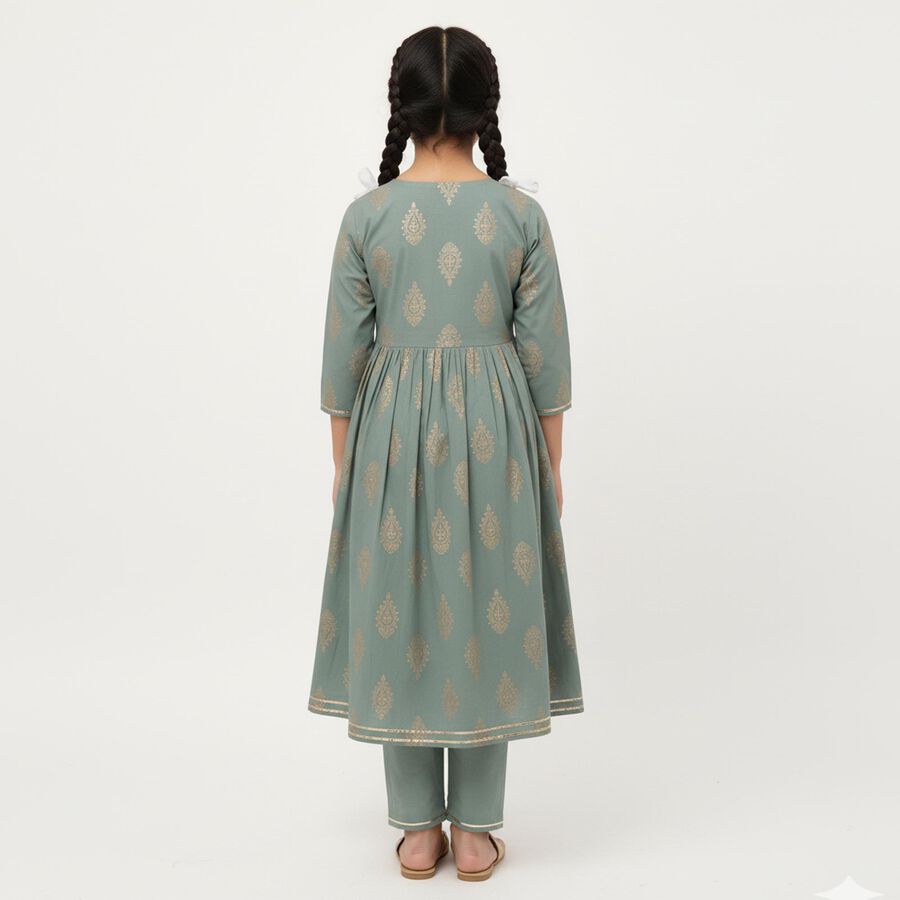 Girls Muted Sage Green Cotton Embroidered Kurta and Pants Fusion Set, Light Green, large image number null