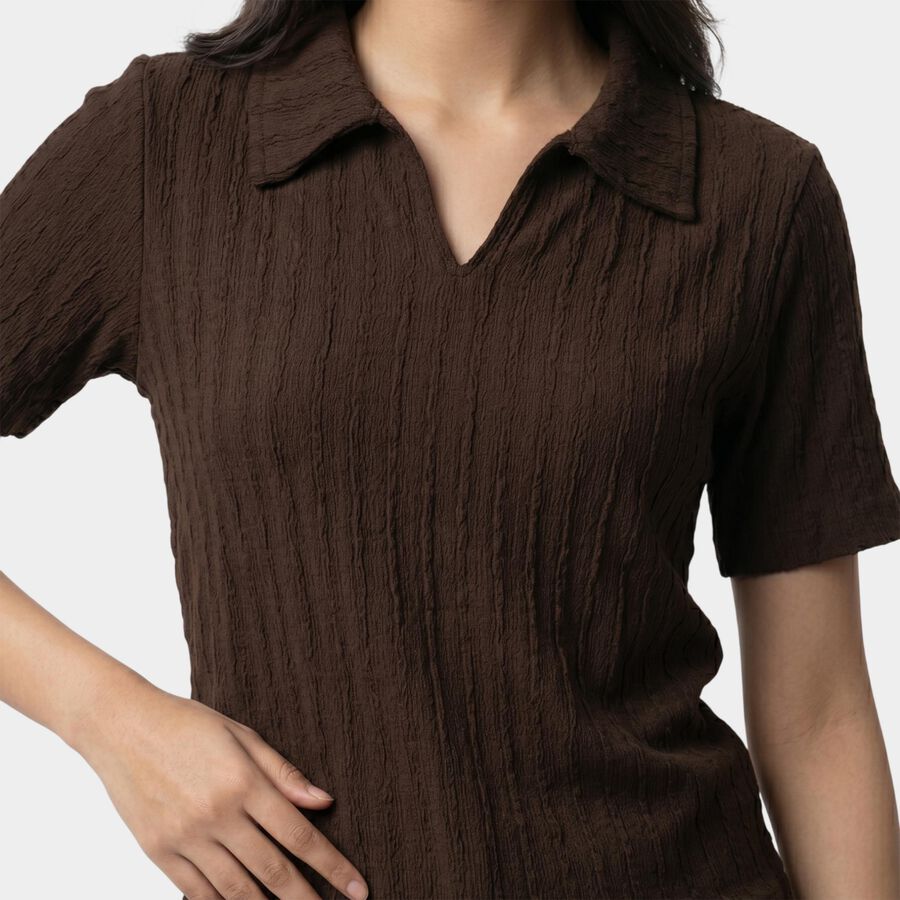 Women's Brown Polo Neck Polo T-Shirt, Brown, large