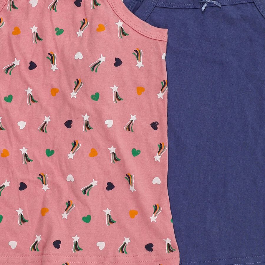 Girls' Pink Printed and Blue Solid Cotton Sleeveless Vest Set, Dark Blue, large image number null