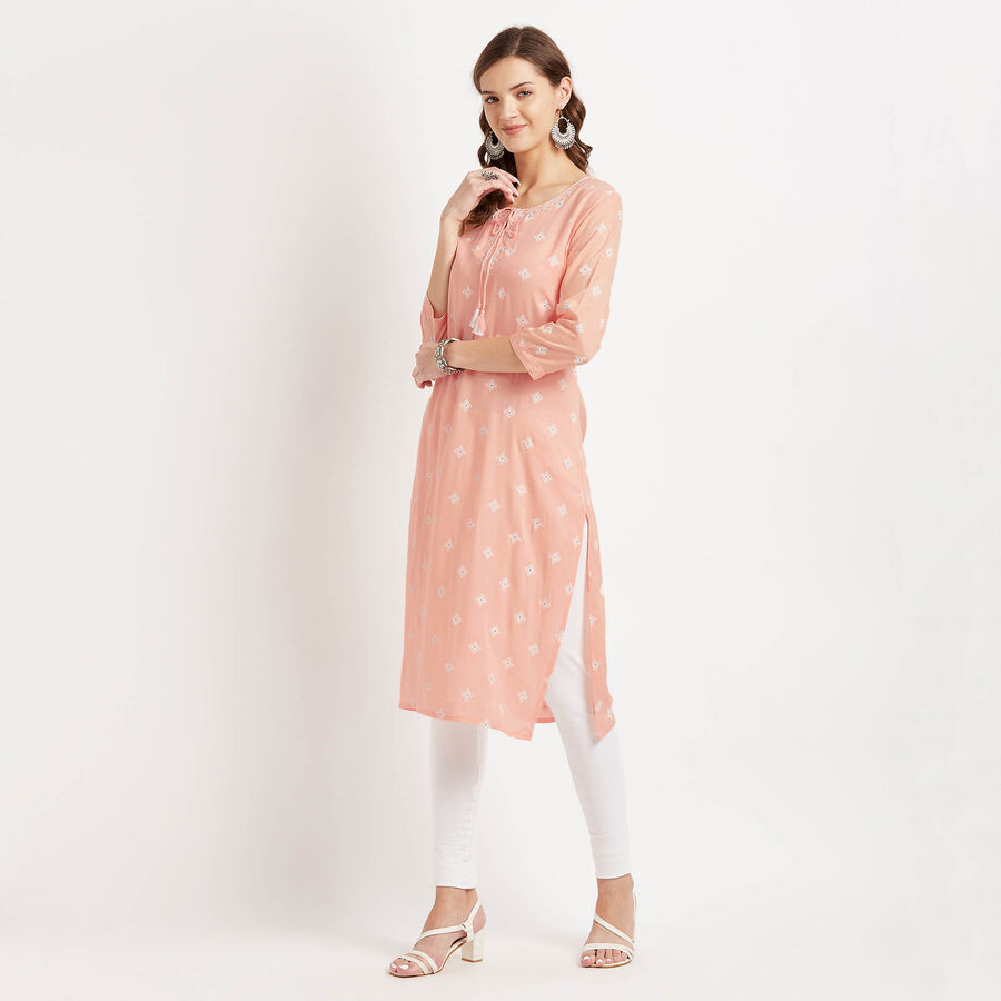 3/4Th Sleeves Straight Kurta, Peach, large image number null