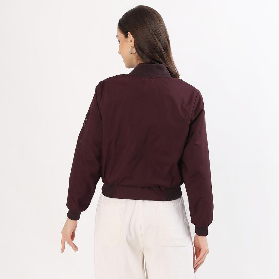 Women's Rich Maroon Ribbed Bomber Jacket, Wine, large image number null