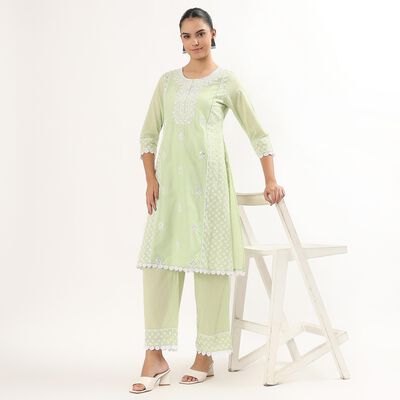 Girls Light Sage Green Cotton Embroidered Ethnic Set