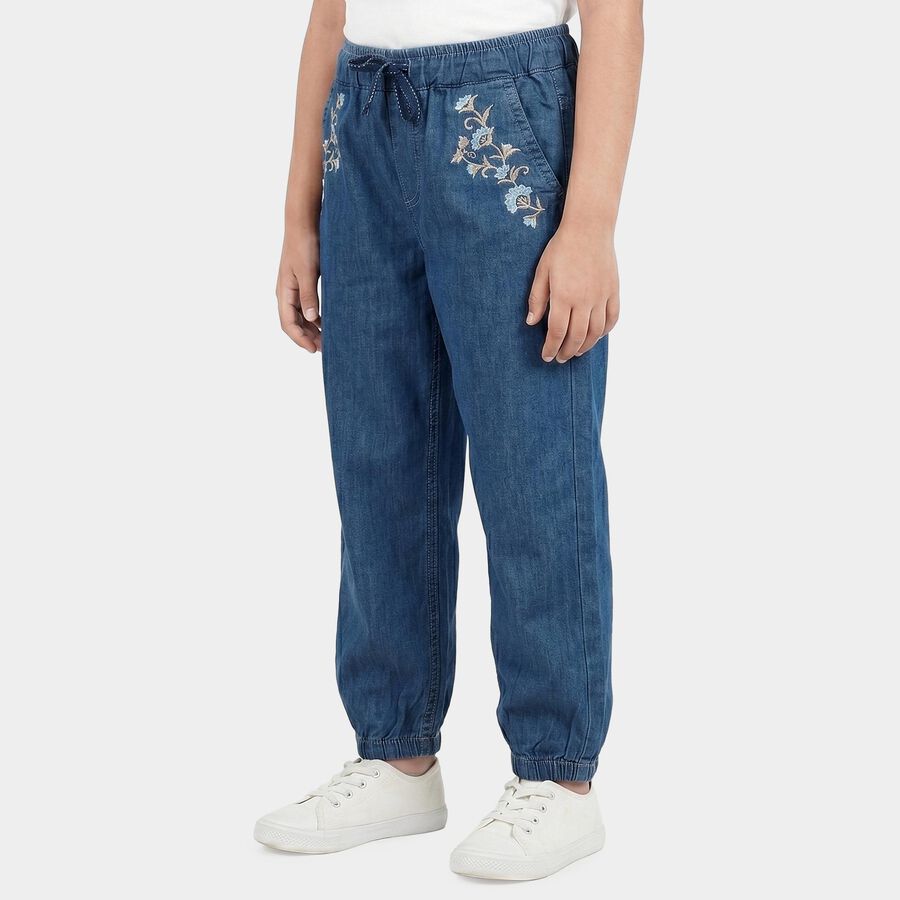 Girls' Blue Jogger Fit Embroidered Jeans, Light Blue, large