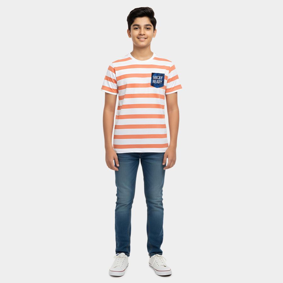 Boys' Peach Cotton Round Neck Graphic Printed T-Shirt, पीच, large