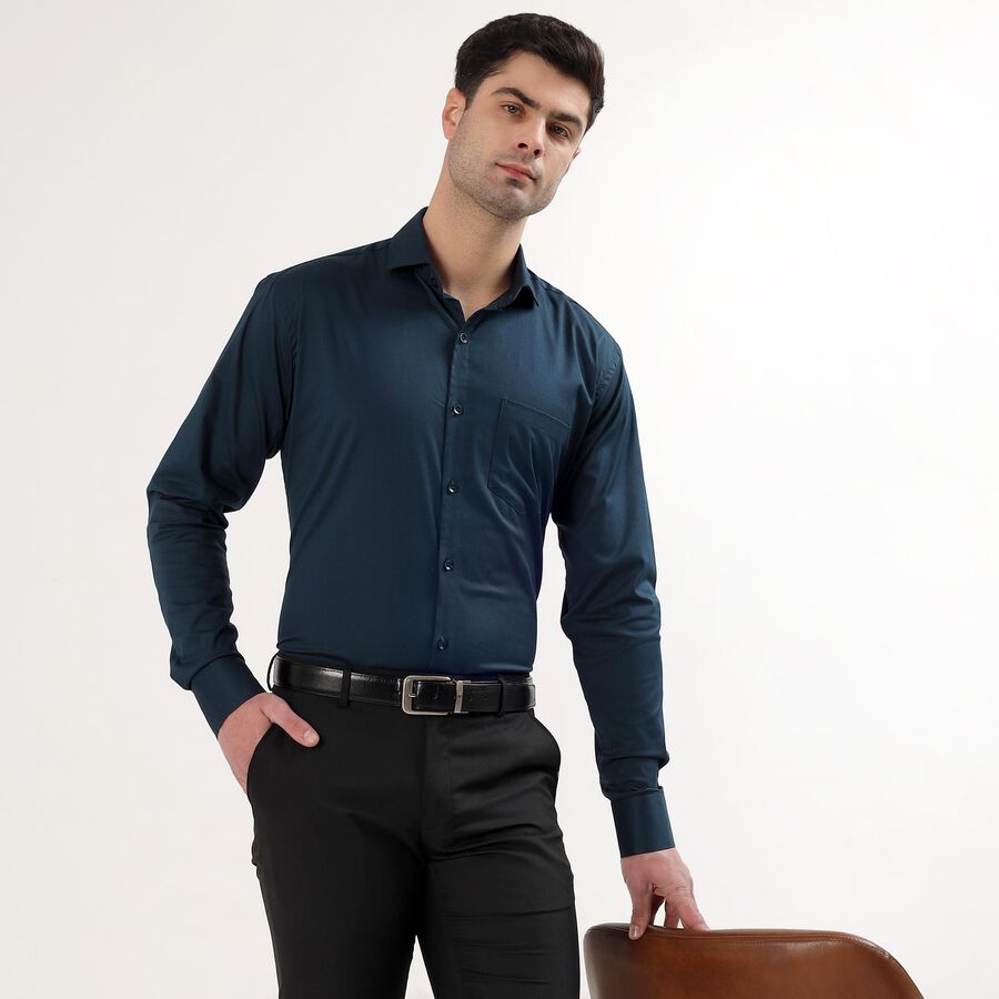 Men's Deep Teal Blue Cotton Spread Collar Slim Fit Formal Shirt, Teal Blue, large