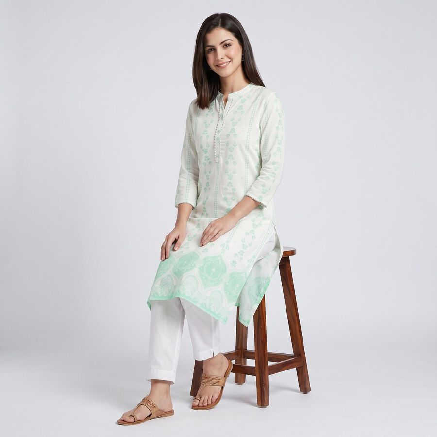 Women's Mint Green Mandarin Collar Printed Straight Kurta, Light Green, large