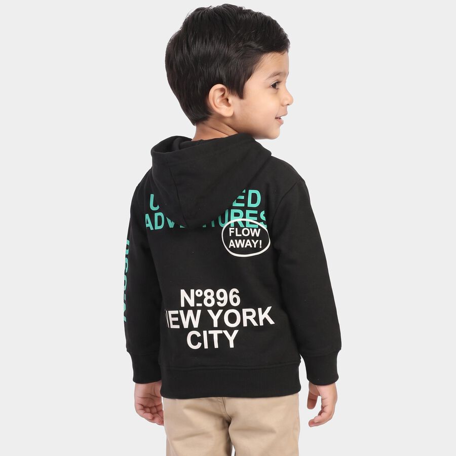 Boys' Black Hoodie Neck Graphic Sweatshirt, काला, large
