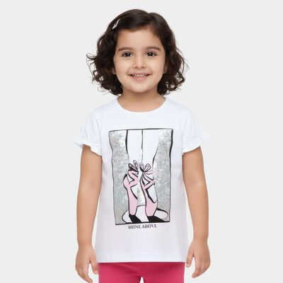 Girls White Cotton Round Neck Casual T-Shirt