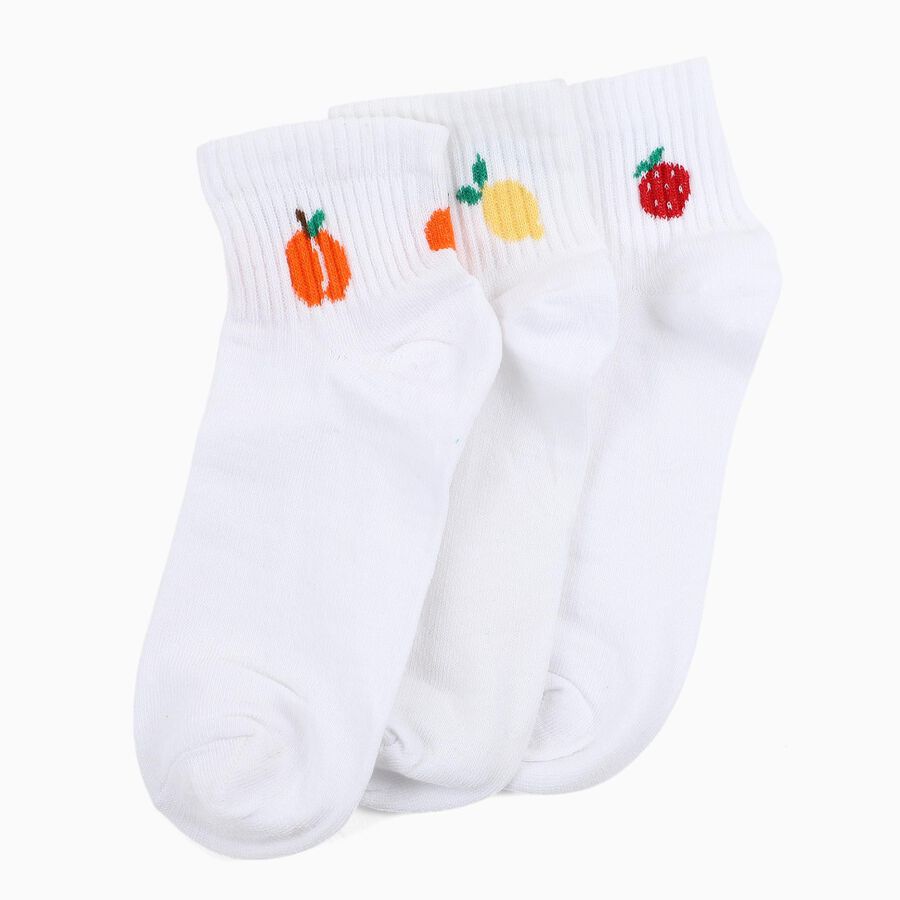 Kids' White Ankle-Length Fruit Embroidered Socks Pack of 3, Assorted, large