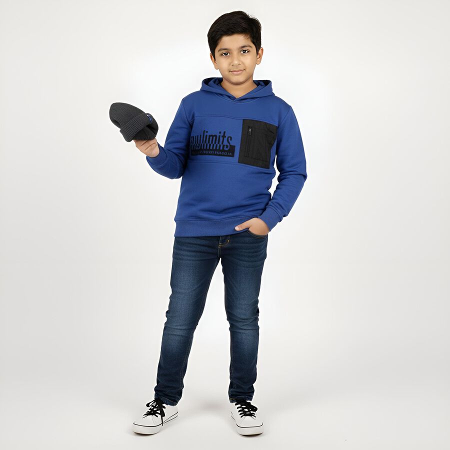 Boys Bright Royal Blue Hooded Neck Casual Sweatshirt, मध्यम नीला, large image number null