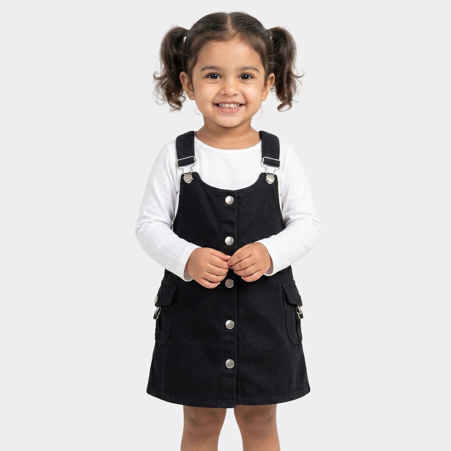 Girls' Black A-Line Button Front Pinafore Frock, काला, large