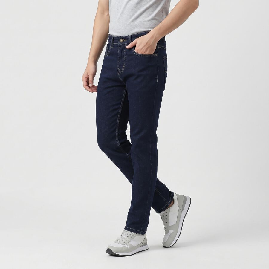 Men's Navy Blue Slim Fit Classic Five Pocket Jeans, गहरा नीला, large