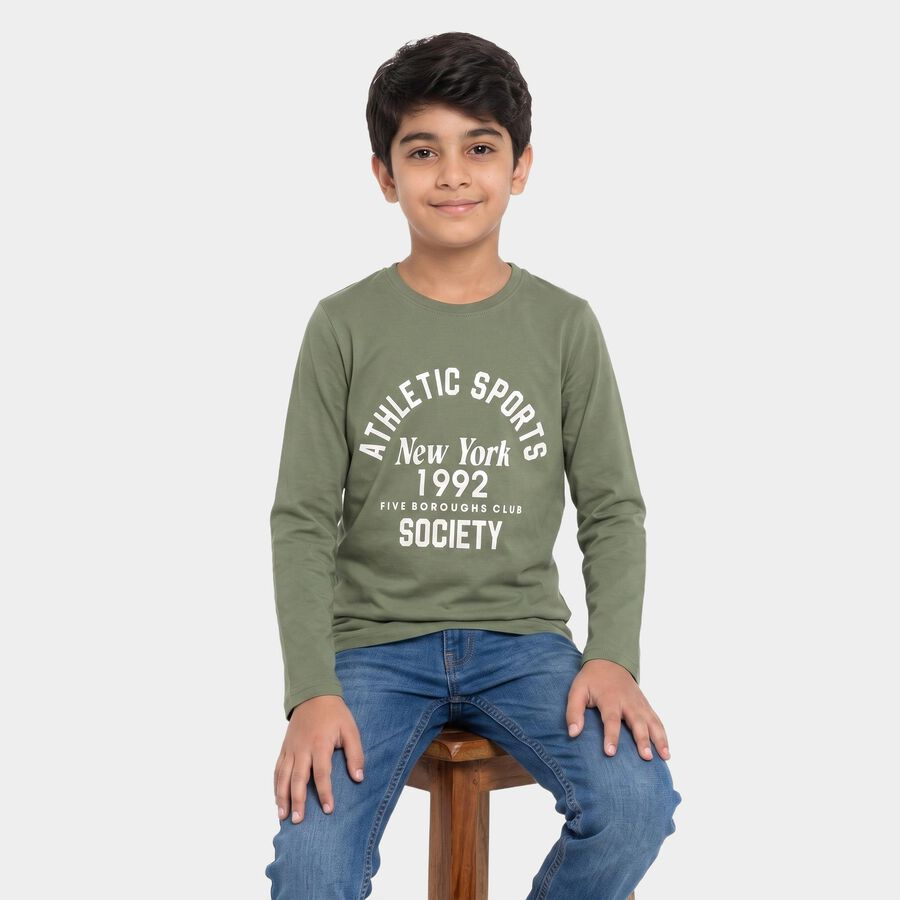 Boys Olive Green Round Neck Regular T-Shirt, ओलिव, large