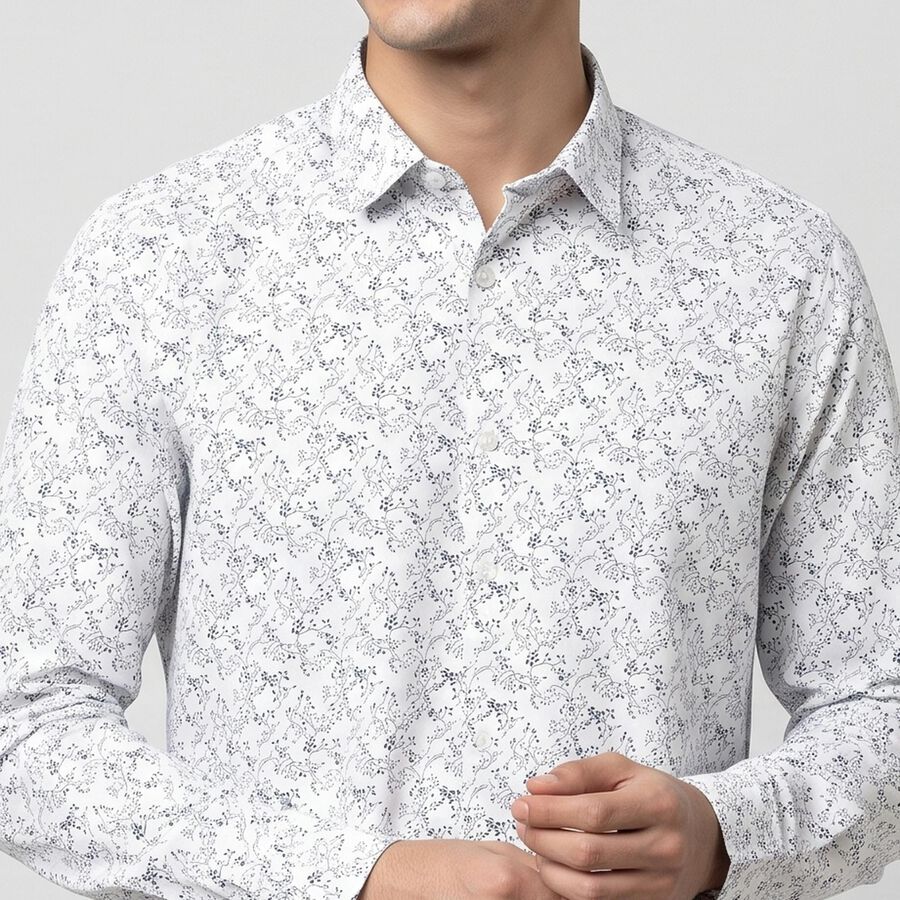 Men's White Cotton Floral Spread Collar Shirt, White, large