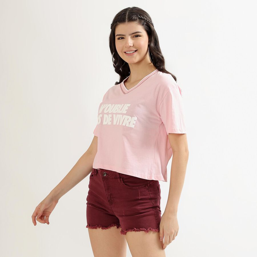 Women's Soft Pink Cotton Round Neck Crop T-Shirt, Pink, large image number null