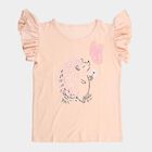 Girls Light Peach Cotton Round Neck Ruffle Sleeve Graphic T-Shirt, हल्का गुलाबी, small image number null