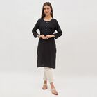 Women's Jet Black Round Neck Embroidered Kurta, Black, small image number null
