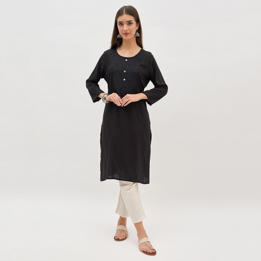Women's Jet Black Round Neck Embroidered Kurta, Black, large image number null
