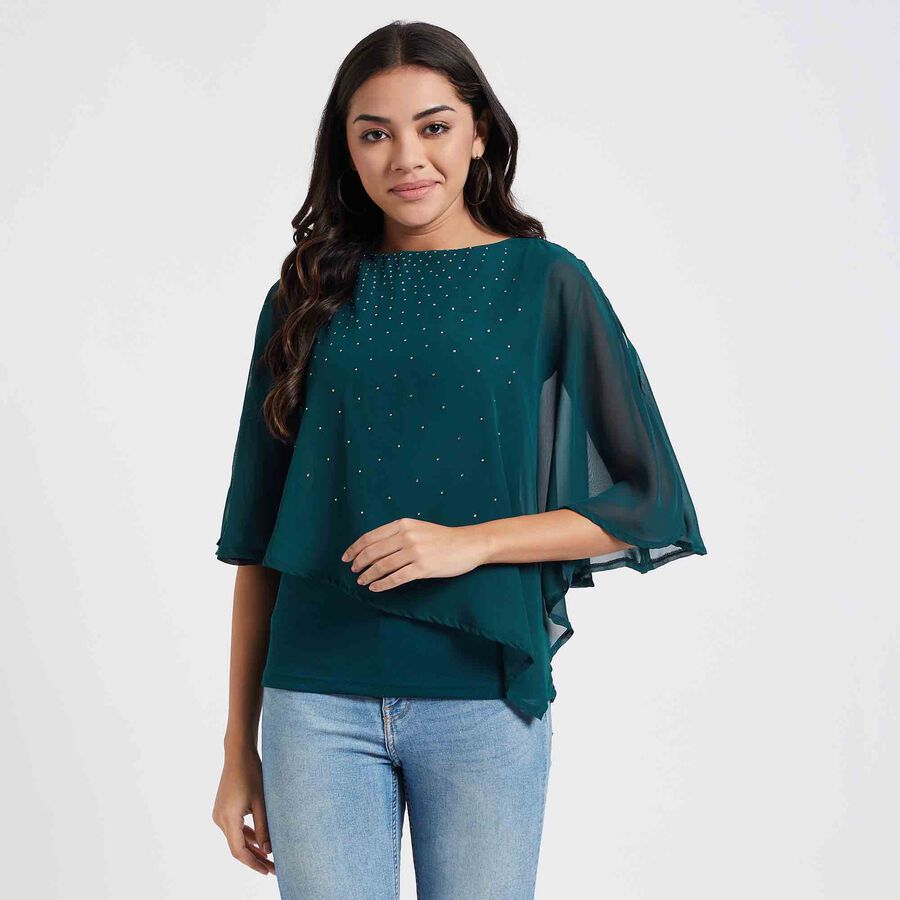 Embellished 3/4th Sleeve Top, Dark Green, large image number null