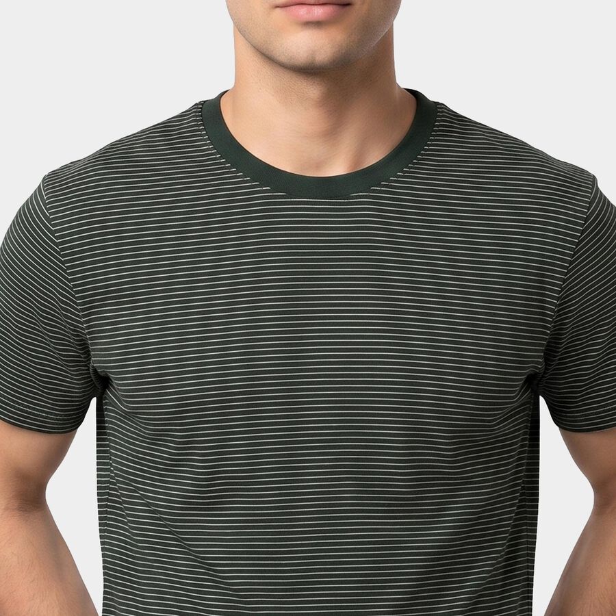 Men's Green Round Neck Striped Regular T-Shirt, Dark Green, large