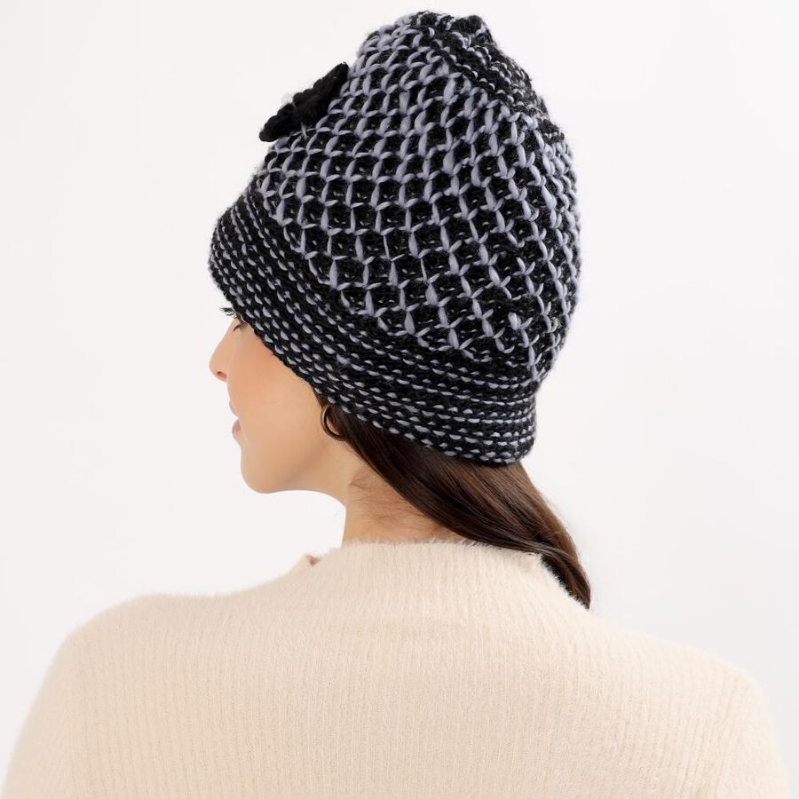 Women's Black and Grey Knitted Beanie Cap, Black, large image number null