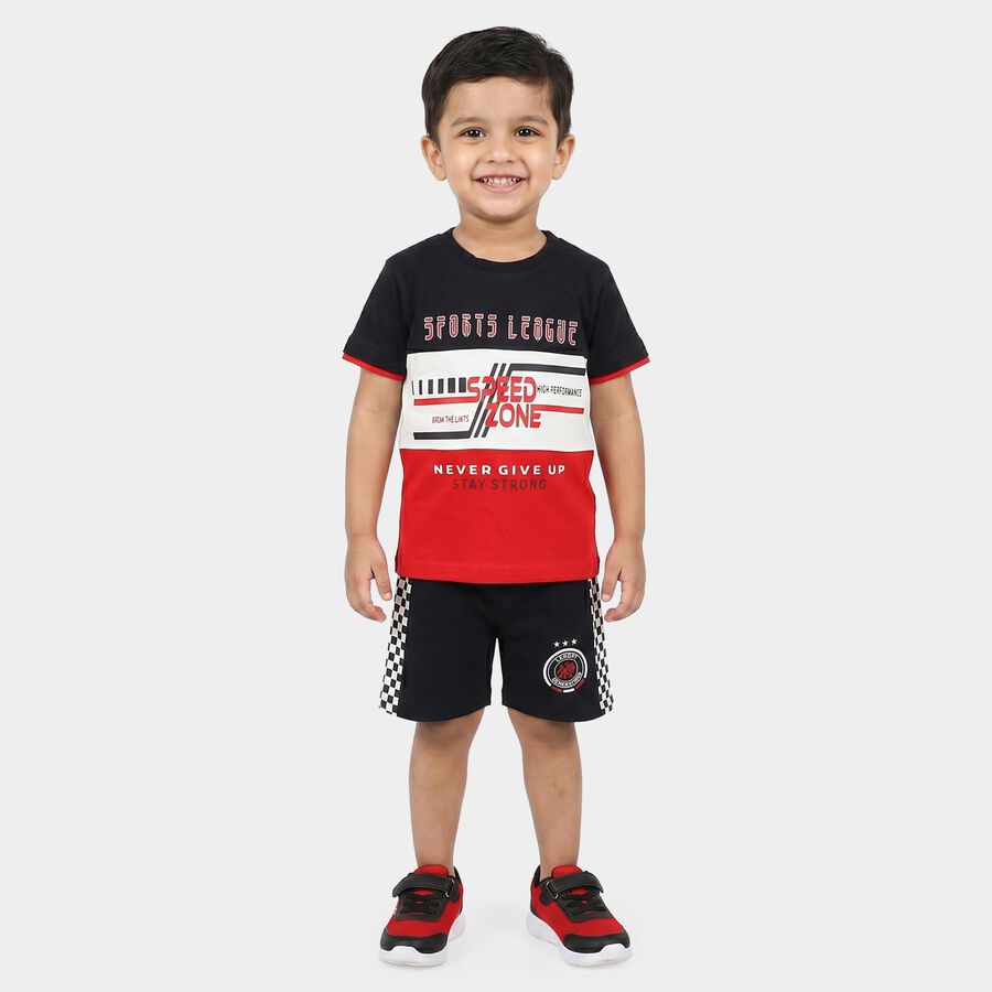 Boys Navy Blue Cotton Round Neck Graphic Print Baba Suit, Navy Blue, large
