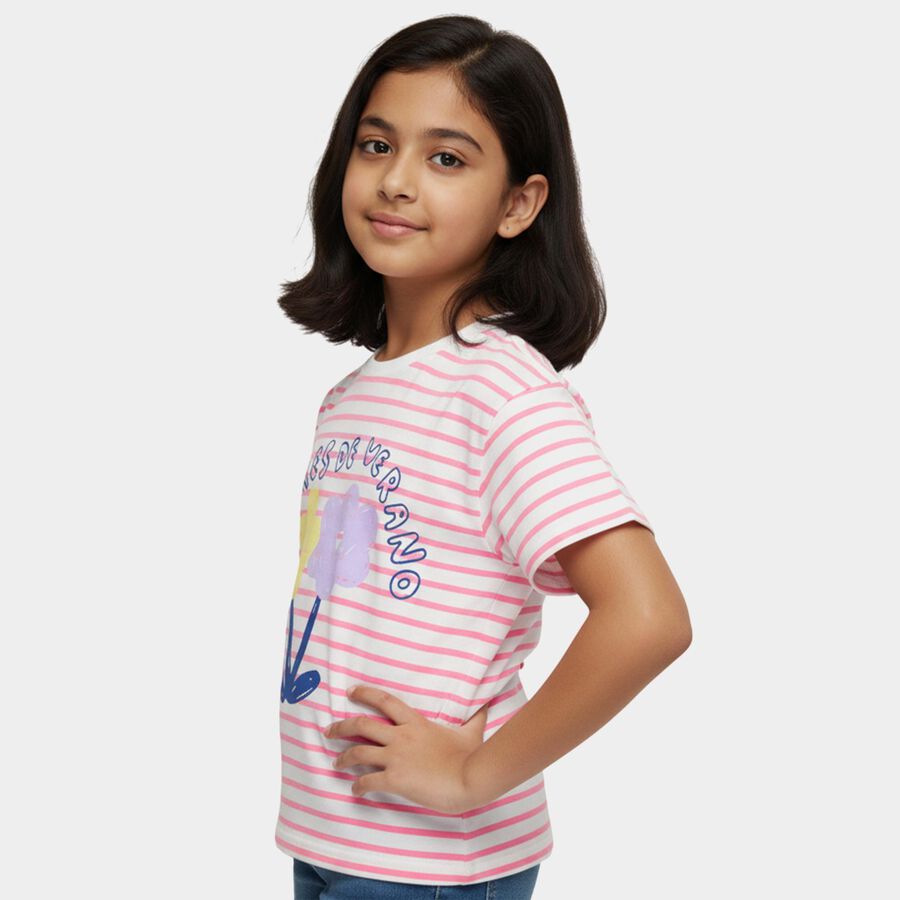 Girls White Cotton Round Neck Casual T-Shirt, White, large