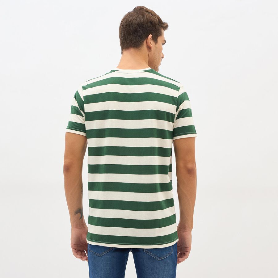 Men's Dark Forest Green Round Neck Striped T-Shirt, Dark Green, large image number null