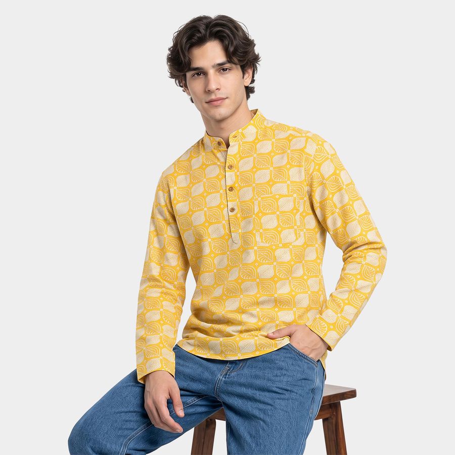 Men's Yellow 100% Cotton Mandarin Collar Printed Kurta, पीला, large