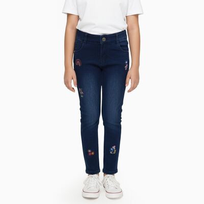 Girls Dark Indigo Slim Fit Embroidered Jeans