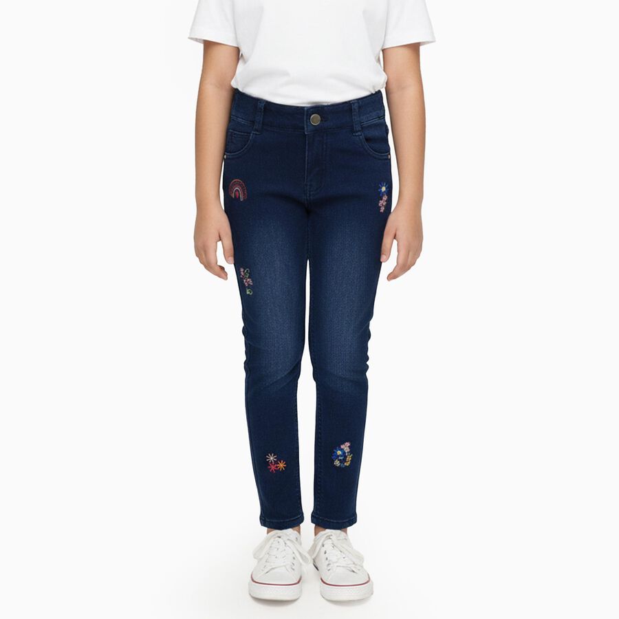 Girls Dark Indigo Slim Fit Embroidered Jeans, मध्यम नीला, large image number null