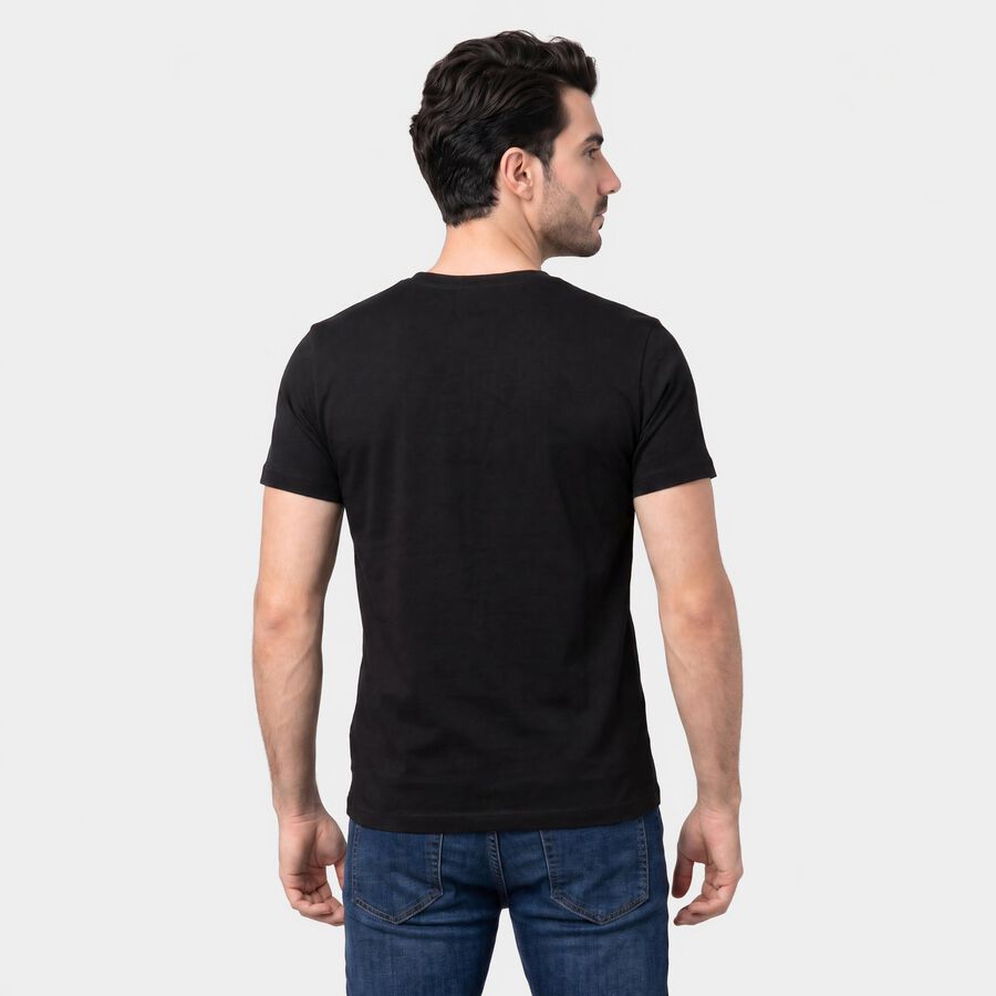 Men's Black Round Neck Regular Graphic Printed T-Shirt, काला, large