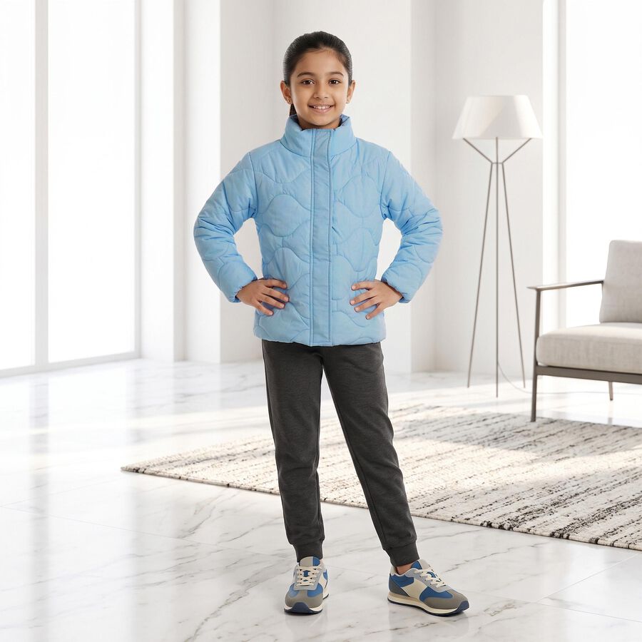 Girls' Light Blue Stand Collar Puffer Jacket, हल्का नीला, large
