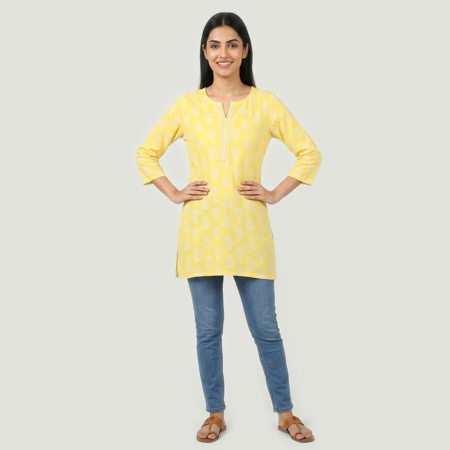 Women's Yellow Notch Neck Floral Printed Kurti, Yellow, large