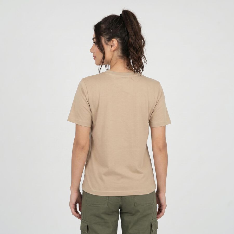 Women Beige Round Neck Regular T-Shirt, Beige, large