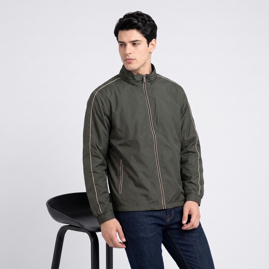 Men's Olive Green Stand Collar Windbreaker Jacket, Dark Green, large